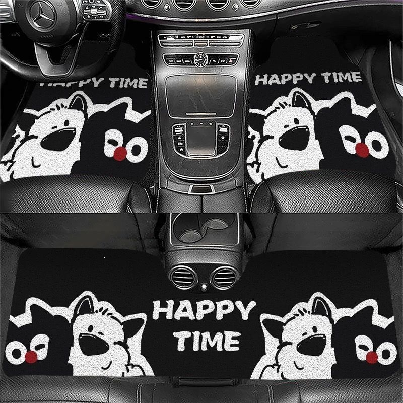 Cartoon-patterned, loop-pile car floor mats, customizable and universally sized, durable and non-slip, with a single piece for the front row and a connected piece for the rear row