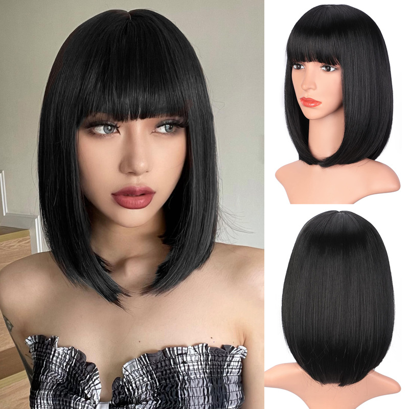 Black bob wig with bangs short black wig women's 12 inch straight bob wig synthetic hair