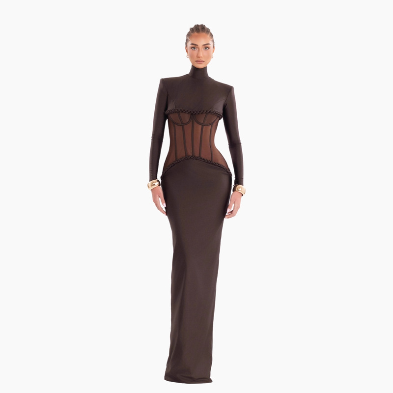 Cross-Border Sexy See-Through Waistline and Hip-Hugging Cocoa-Colored Bandage Dress, Simple and Elegant Party Dinner Dress
