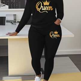大码女装休闲黑色Queen皇冠印花长袖长裤两件套套装