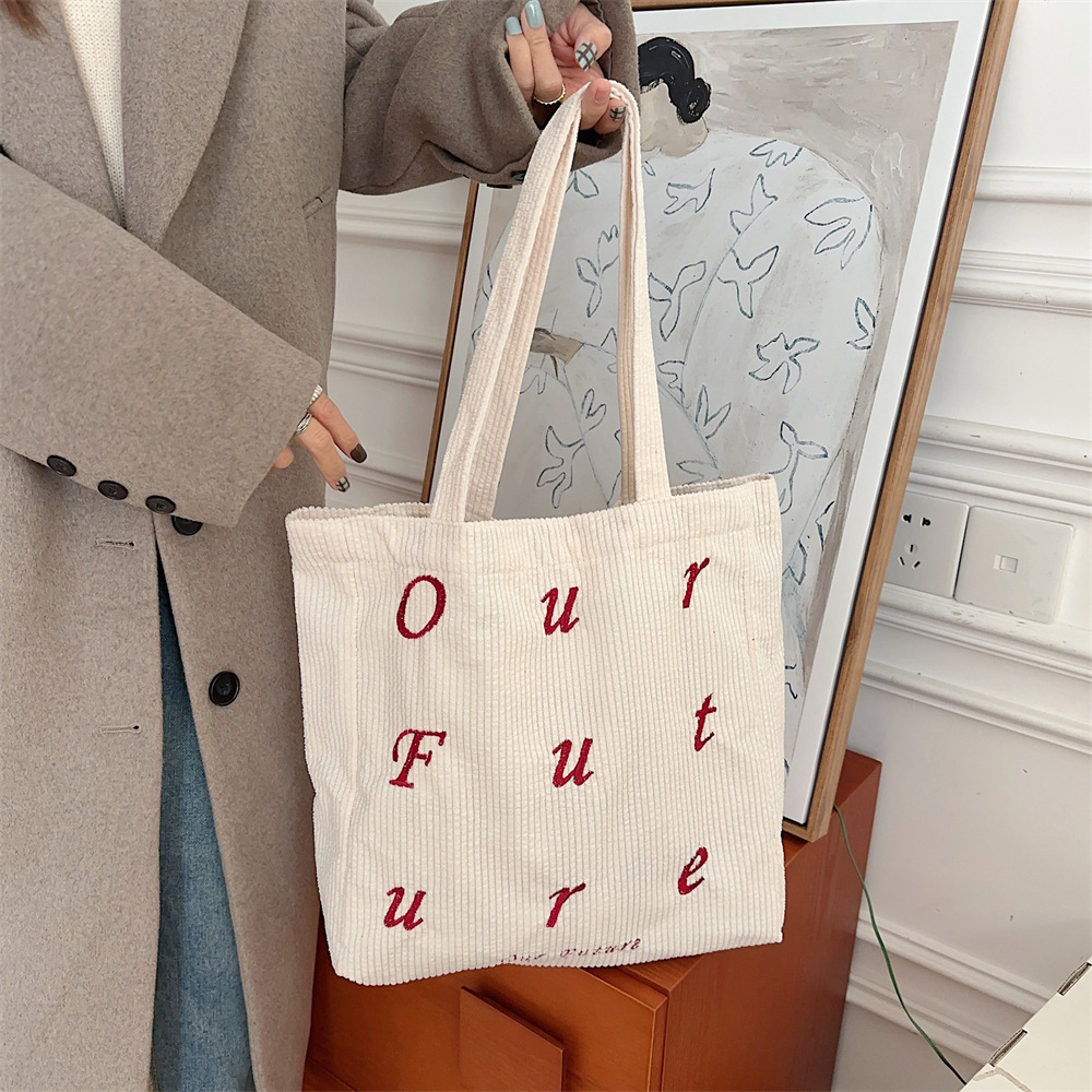310262 embroidered letter future corduroy single-shoulder Maillard color hand-held canvas bag Women's tote bag undefined