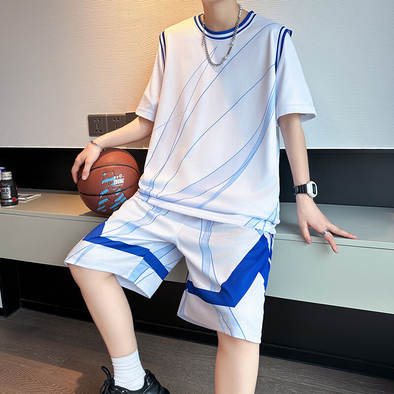 Fake Two-piece Short-sleeved Sports suit Teenager Men's Round Neck Loose Basketball Clothes Quick-drying T-shirt Half-length Pants Two-piece Set