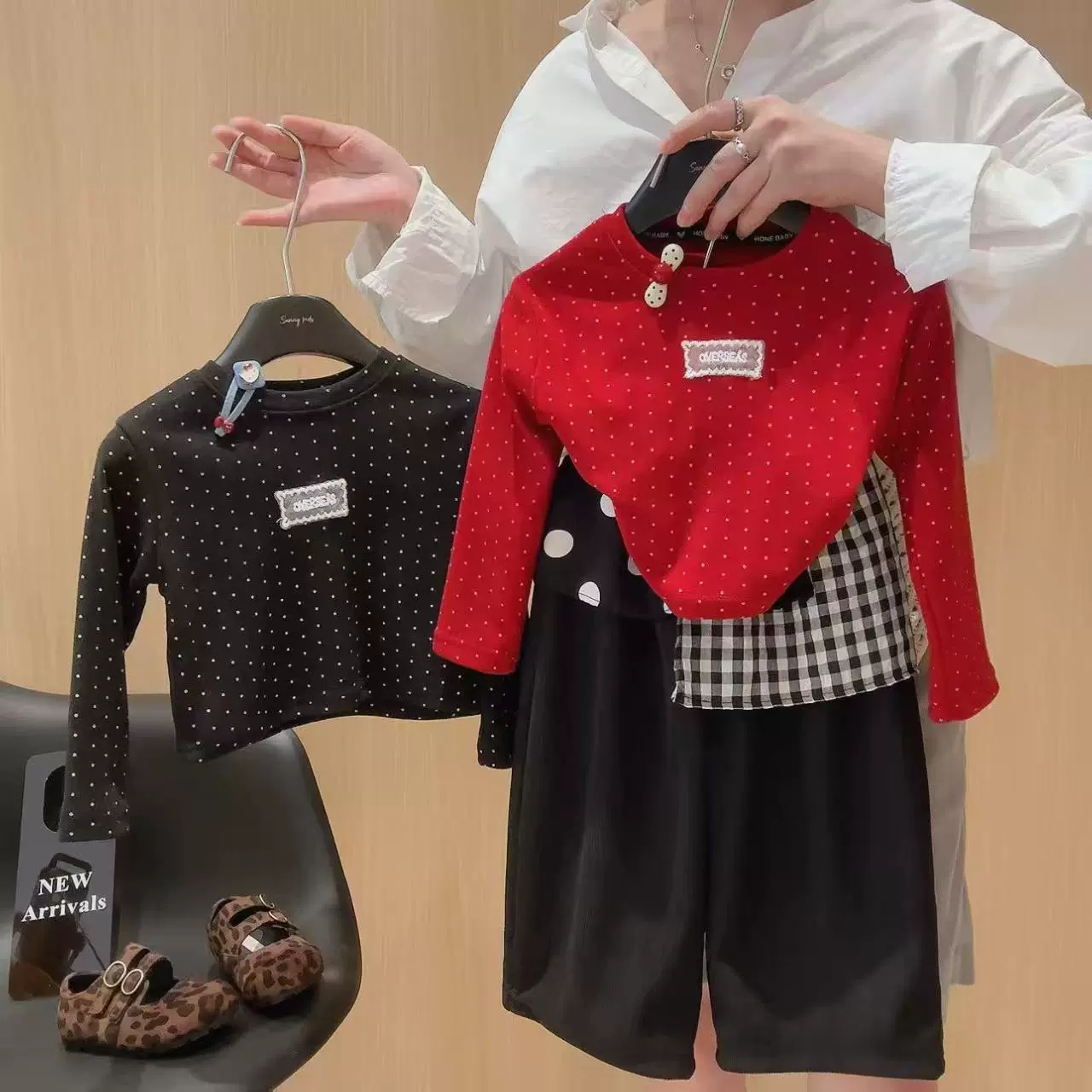 女童圆点打底衫拼接裤裤套装秋季2025新款女宝宝时髦韩范两件套