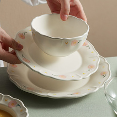 手描きの小花儀式食器フレンチパストラルイン同スタイル高級プレートレースセラミックボウル家庭用丼