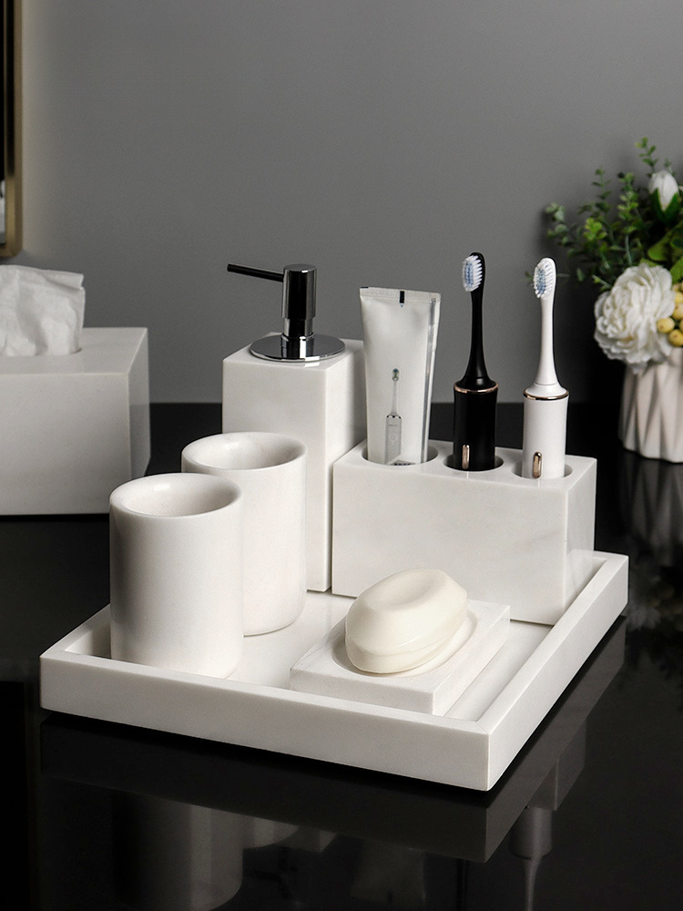 Juego de lavado de baño de mármol de lujo ligero, bandeja de baño, caja de pañuelos, artículos de baño de hotel de estilo europeo