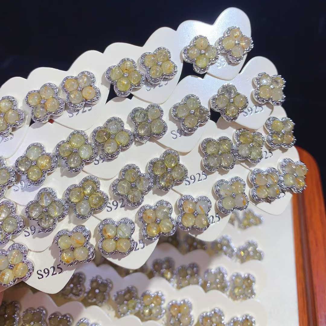 Natural golden rutilated quartz earrings for women, simple inlaid earrings, S925 silver needles, hypoallergenic, elegant, best-selling item in live streaming, wholesale.