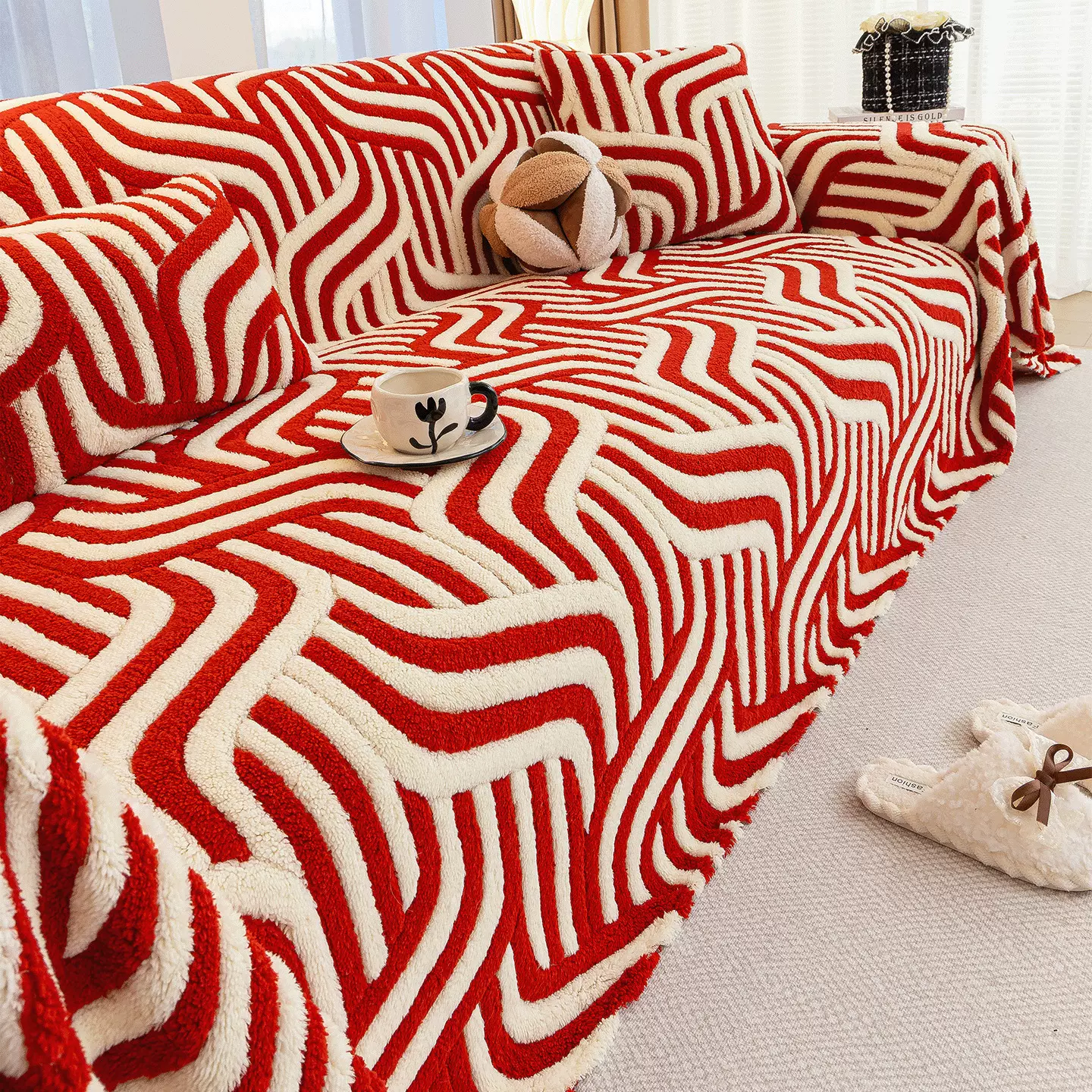 跨境批发舒棉绒一片式沙发巾加厚高级感红色喜庆整张沙发全盖布毯