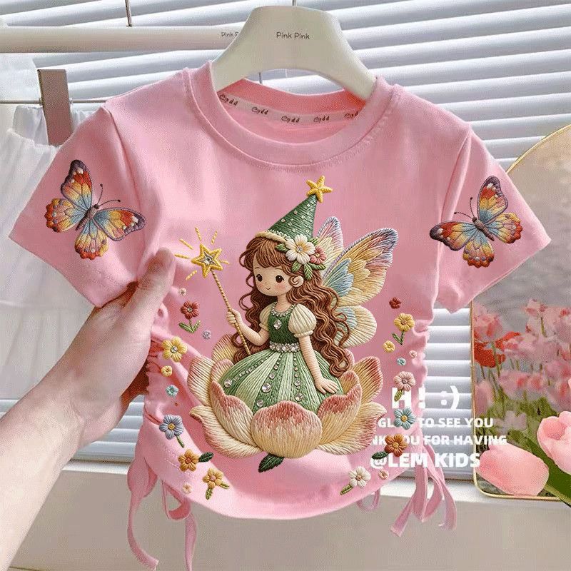 Pure cotton girls' drawstring short-sleeved T-shirt, summer cartoon children's outerwear, versatile and stylish for toddlers and babies.