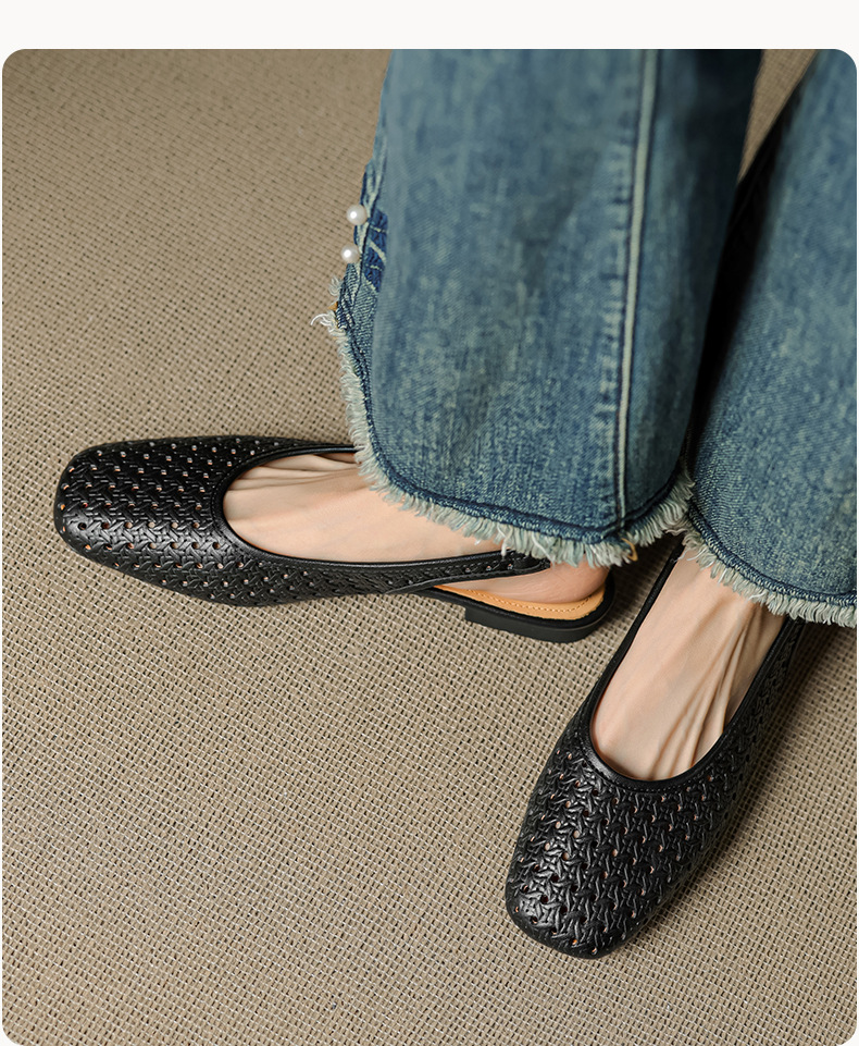 Sandal nữ đế bệt mũi bọc da bò, quai sau hở, phong cách vintage đan lỗ — đen chi tiết 16