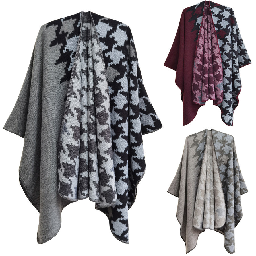 Pelerină unisex, îngroșată, cu despicare jacquard, pentru femei, pelerină acrilică în carouri, mare_voghion.com