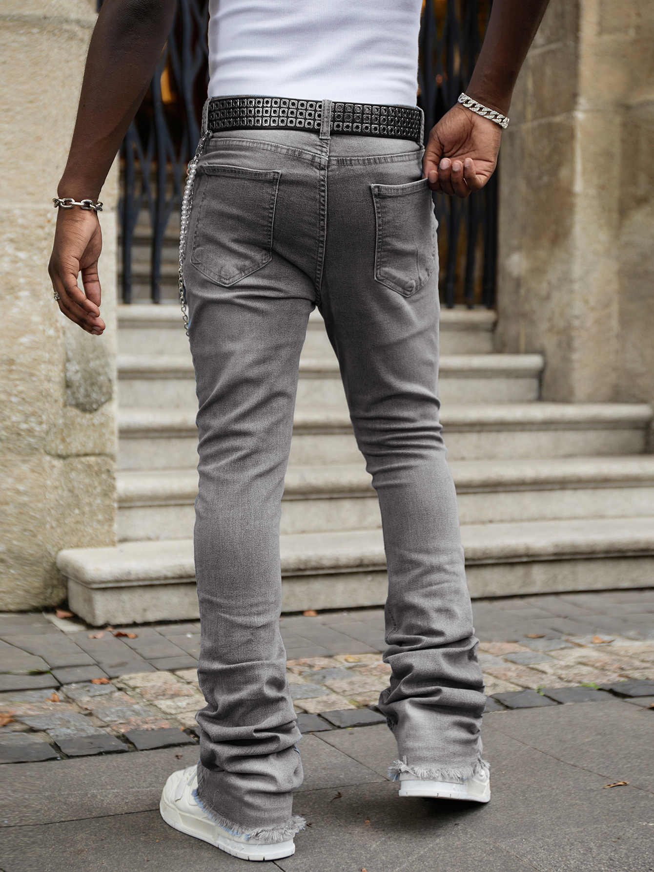 Men's Straight Leg Jeans Midweight Stretch Patch Denim Mid Waist Long Trousers Street Style Instagram Popular_mkmklike.com