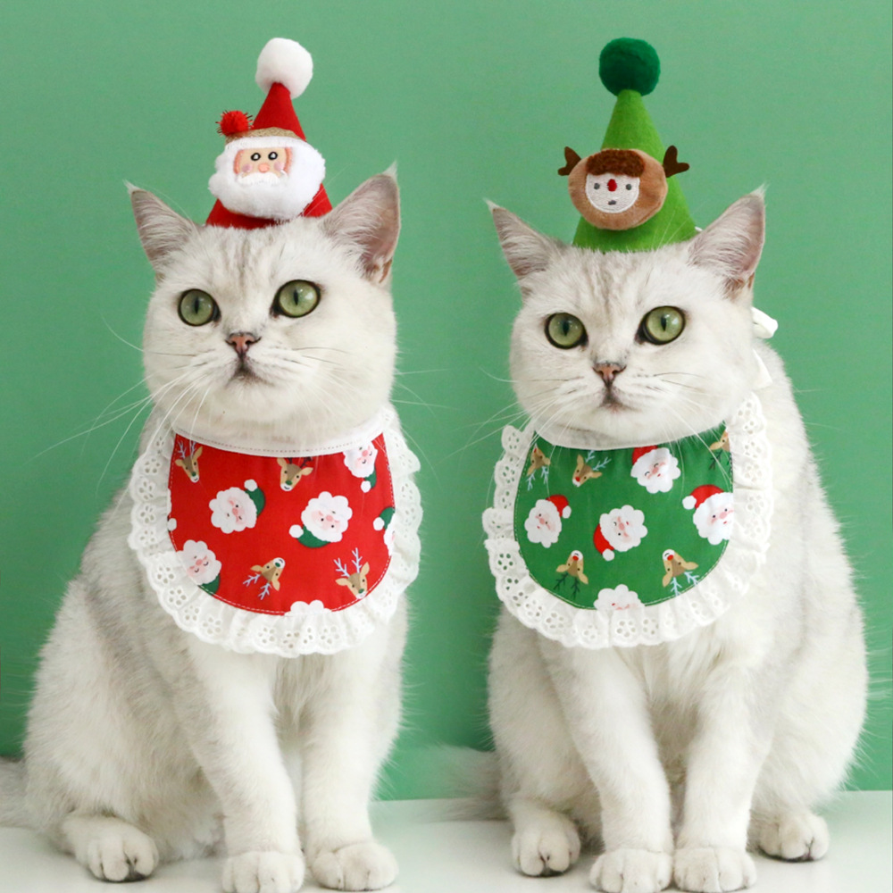Mascota gato perro de dibujos animados felpa Santa ELK rojo verde sombrero tocado encaje babero traje