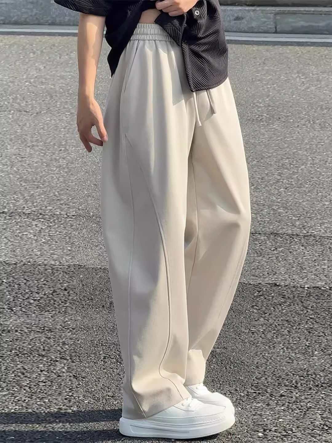Pantalon de survêtement homme, couleur unie délavée, coupe ample, jambes larges, ourlet arrondi, longueur au sol, taille mi-haute, polyester, style printemps_voghion.com