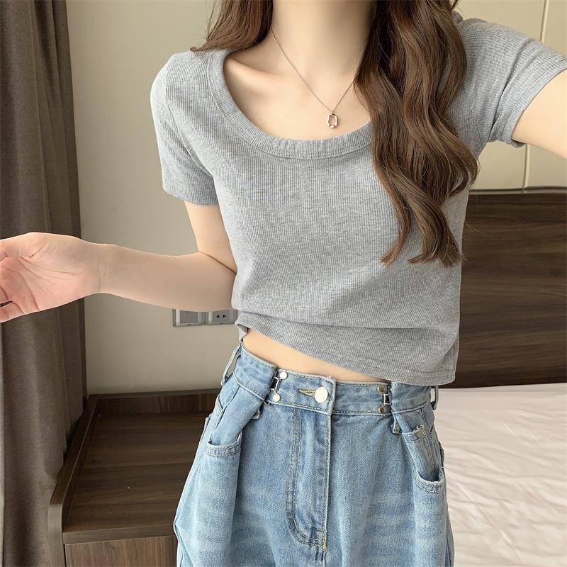 Women's All-match Comfortable Inner Top Spring Summer Autumn New Square Collar Base Shirt Casual Threaded Short-sleeved T-shirt
