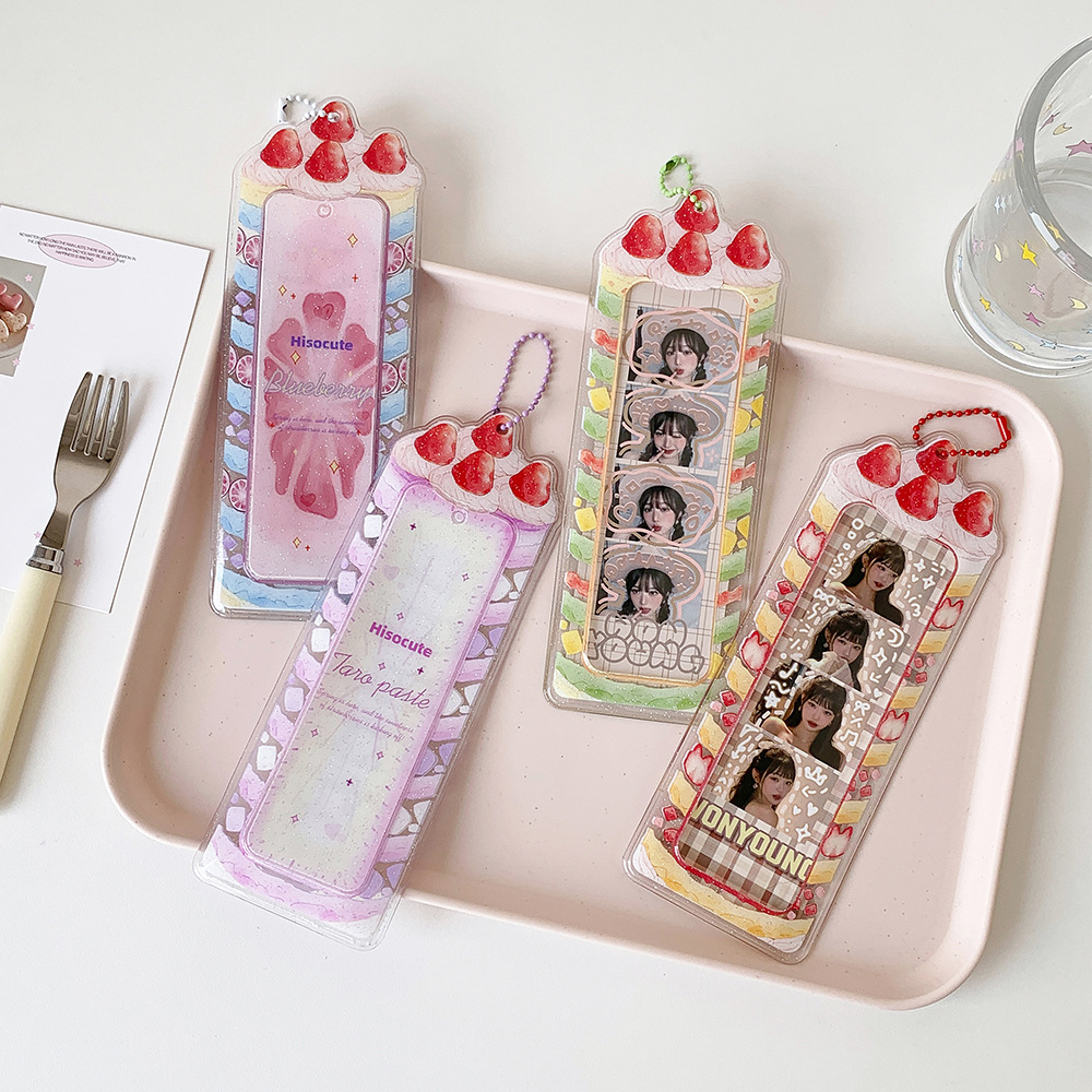Cartoon Strawberry Cake Transparent Card Holder for Girls, Student Idol Fan Four-Panel Photo Card Holder with Large Photo Sticker and Pendant