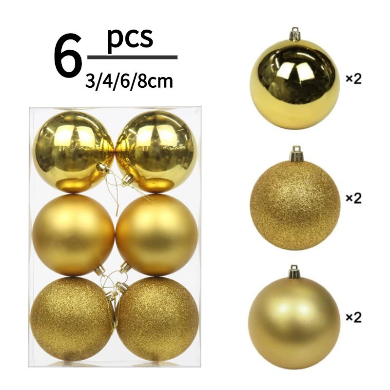 Рождественские шары, 6 шт., в коробке, яркие украшения, пластиковые, 6 см, подвески для рождественской елки, рождественская атмосфера