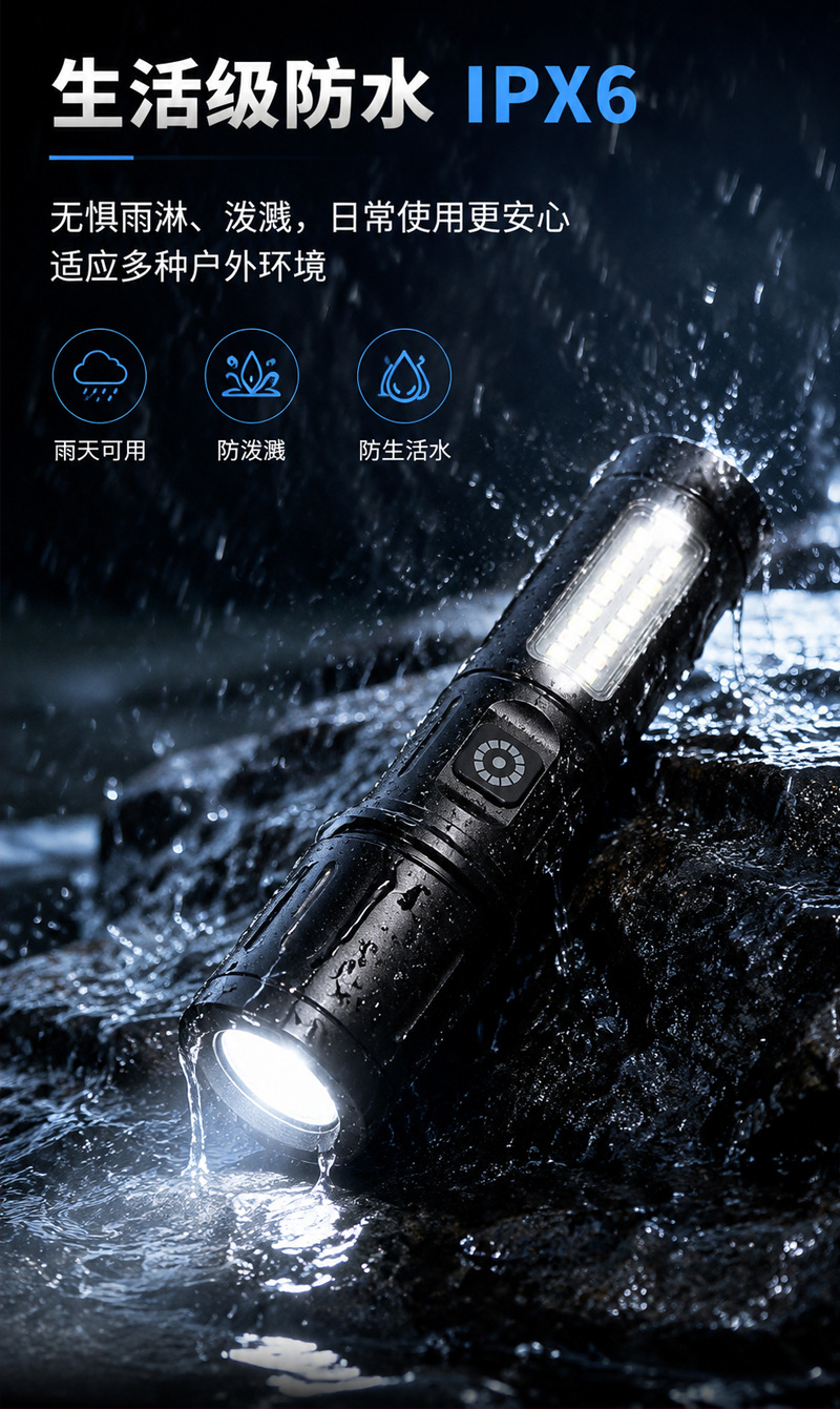 Cross-border LED high-brightness flashlight with zoom, portable outdoor lighting, white laser, USB rechargeable, warning work light