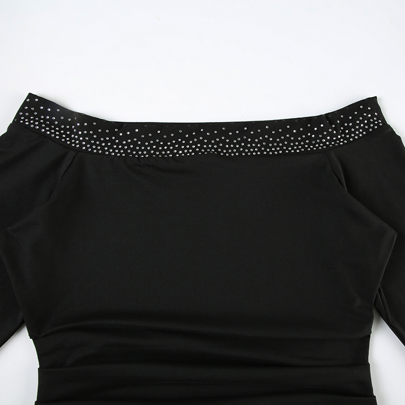 Rhinestone off Neck Elegant Pleated Waist Controlled Slimming Long Sleeve Dress Sexy off Shoulder Hip Dress