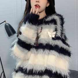美式复古条纹毛衣女秋冬2024新款外穿水貂毛马海毛内搭慵懒针织衫