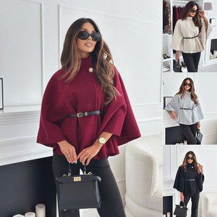 2024 Autumn and Winter Cross-Border Women's Clothing Amazon Aliexpress Solid Color Waist Strap Woolen Cloak Tops Top