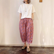 2025春季新款女下装阔腿裤日系九分裤印花棉质小清新ins外贸文艺