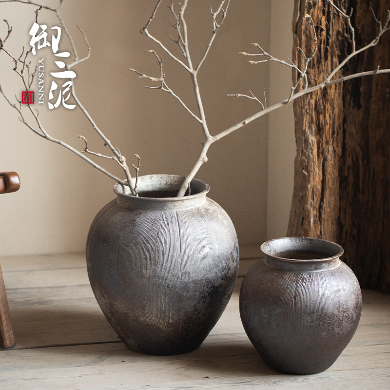 Handmade Rustic Pottery Vase, Vintage-Style Imitation of Unearthed Pottery, Jingdezhen Retro-Style Ceramic Tea Room Zen-Inspired Floor-Standing Old Pottery Jar