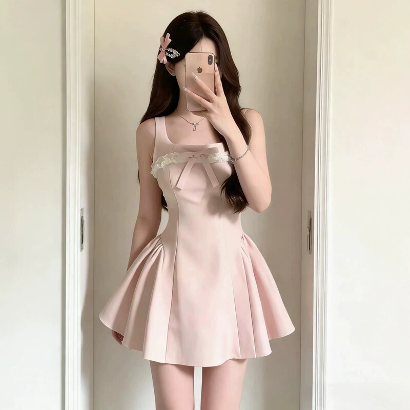 Sweet and Cute Pink Lace Sleeveless Dress for Girls with Bow Tie Waist and Puffy Skirt Princess Dress for Summer