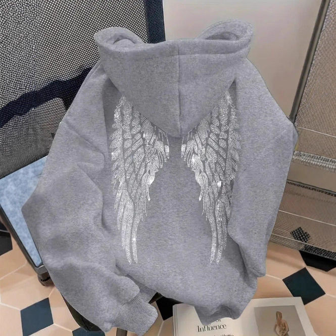 Women's Clothing Trendy Simple Design Wing Print Sweatshirt Casual Loose Sweatshirt Pullover Jacket_ecoleips.com