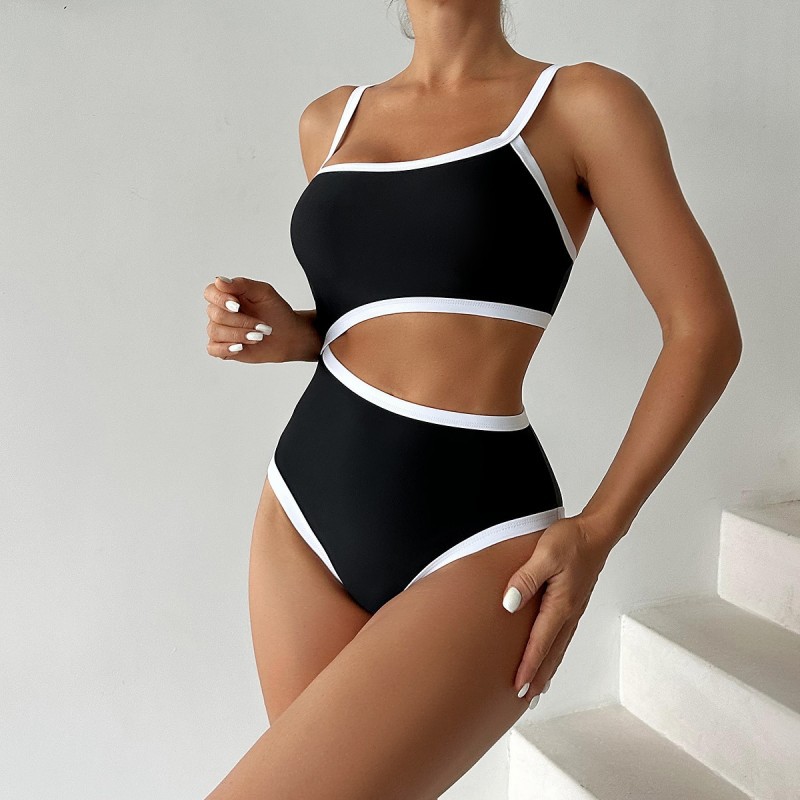 2025欧美速卖通紧身比基尼运动泳装黑色纯色运动性感高腰连体泳衣