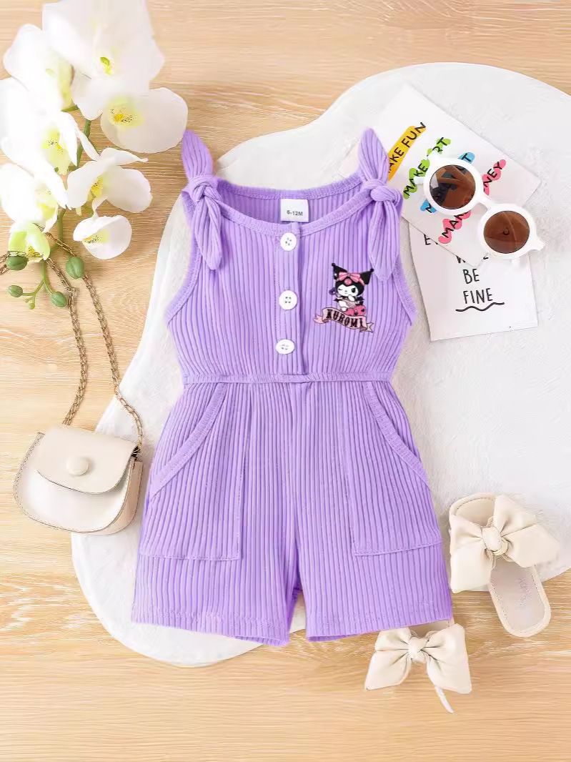 Fabricante de Ropa Infantil para Comercio Exterior 2025, Mono de Tirantes con Lazo para Niñas, Color Sólido, Informal
