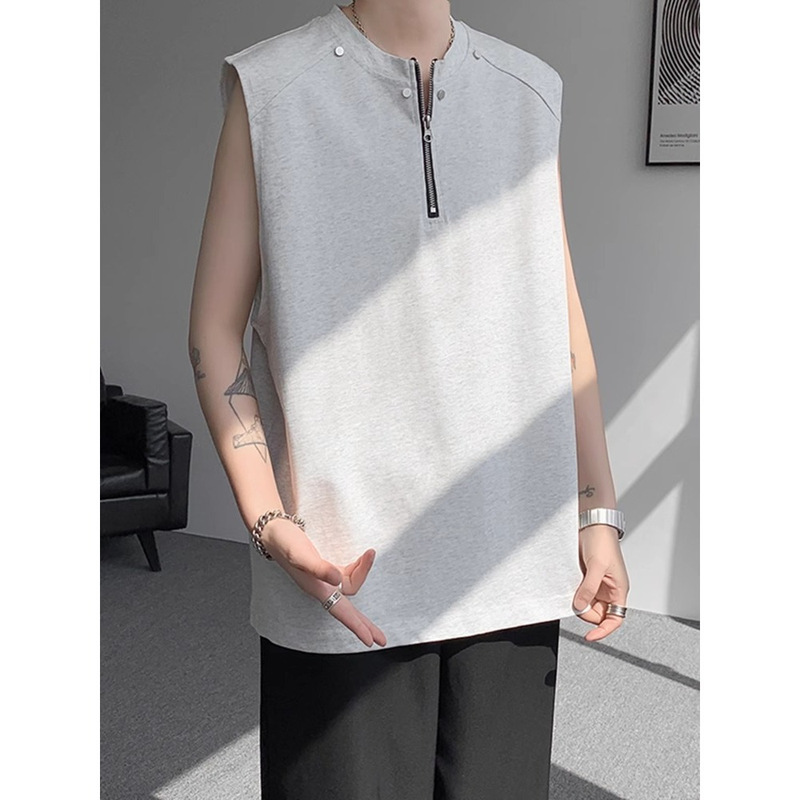 Heavy Weight Half-Zip Vest Men's Handsome Summer Rivet Right Shoulder Sleeveless T-Shirt High-End American Waistcoat Short Sleeves
