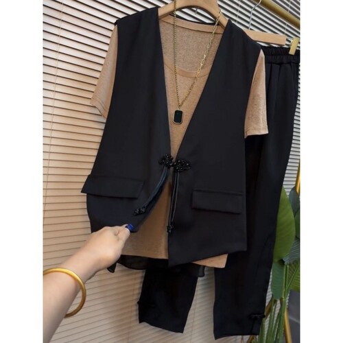 Plus Size Extra Large 300 Pounds Loose Stylish Sleeveless Vest Top Three-Piece Set for Women Summer Casual Vest Set