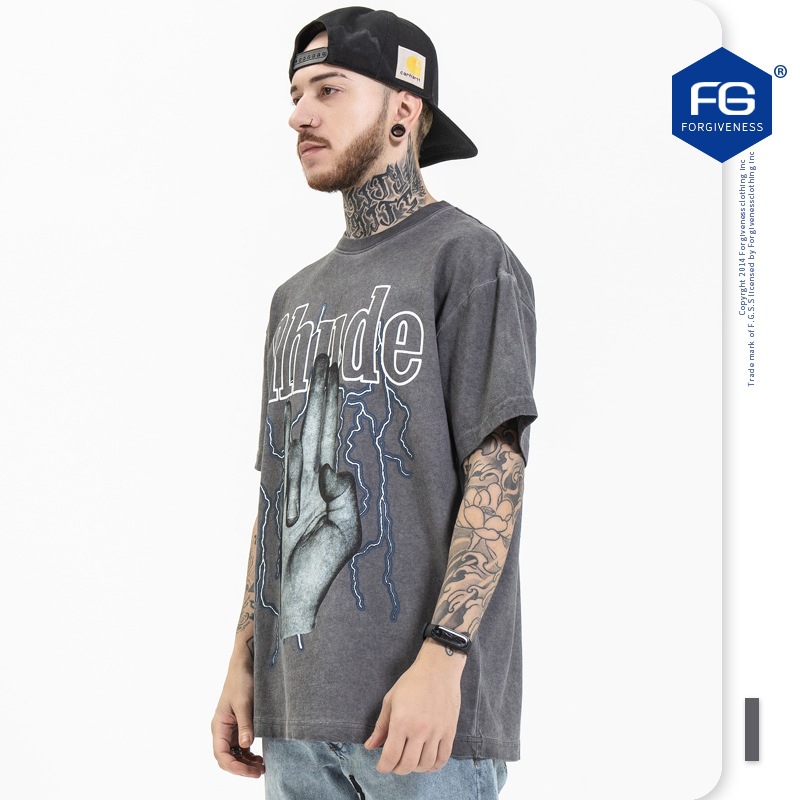 FG ropa de Hombre | Primavera y verano de gran tamaño de Europa y América marca de moda suelta personalidad Inglés Rock impresión manga corta Camiseta de los hombres