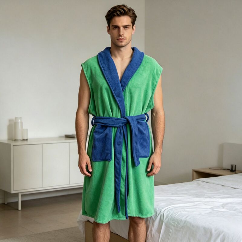 Men's Color-Blocked Sleeveless Bathrobe, Towel Material, Absorbent, Quick-Drying, Home Sleepwear with Belt and Pockets, Wearable Towel Robe Men's Color-Blocked Sleeveless Bathrobe, Towel Material, Absorbent, Quick-Drying, Home Sleepwear with Belt and Pockets, Wearable Towel Robe