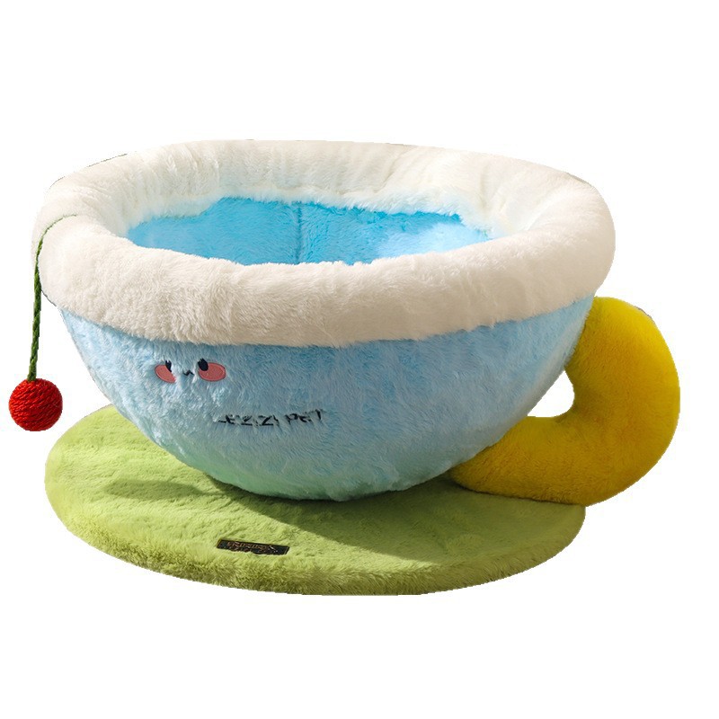 Fleece Lined Teacup Shaped Cat Bed Cute Warm Cat Bed With Cat Toy Popular Cat Supply Item Pet Products Dog Litter Housebreaking_voghion.com
