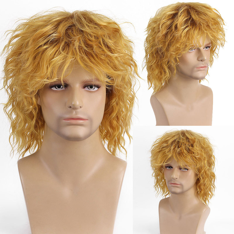 Short blonde curly hair wig mullet blonde brown wig with dark root 70 s 80 s rock wig