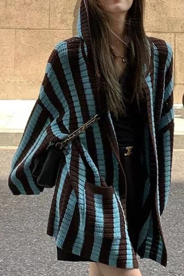 条纹连帽针织衫开衫女春秋季薄款外搭宽松慵懒风高级感毛衣外套潮
