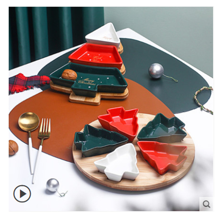 Plato de cerámica con forma de árbol de Navidad escandinavo para frutos secos, plato para refrigerios, vajilla creativa de estilo navideño, bandeja giratoria de madera.