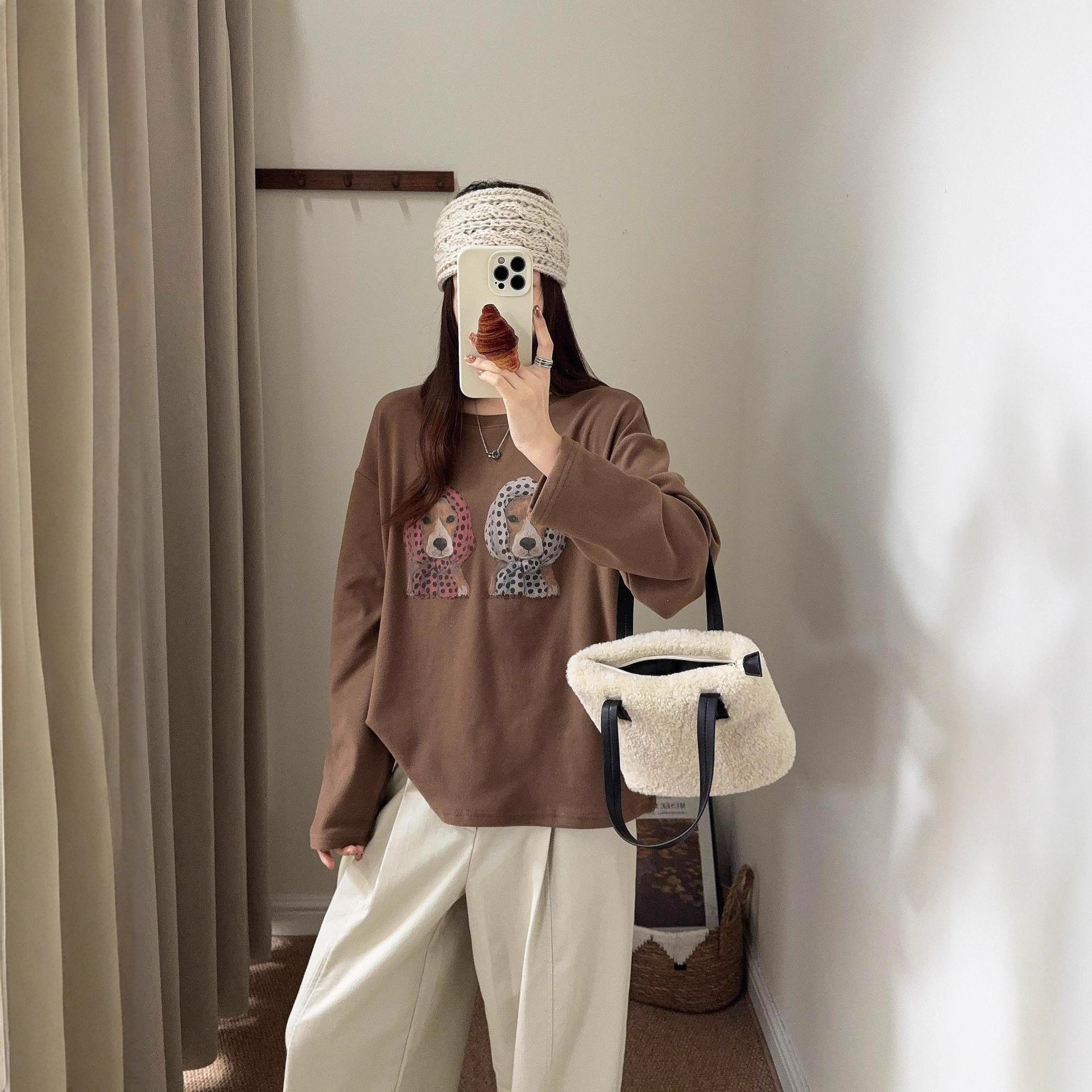 韩国东大门波点头巾狗印花磨毛长袖衫女冬季新款宽松百搭休闲T恤