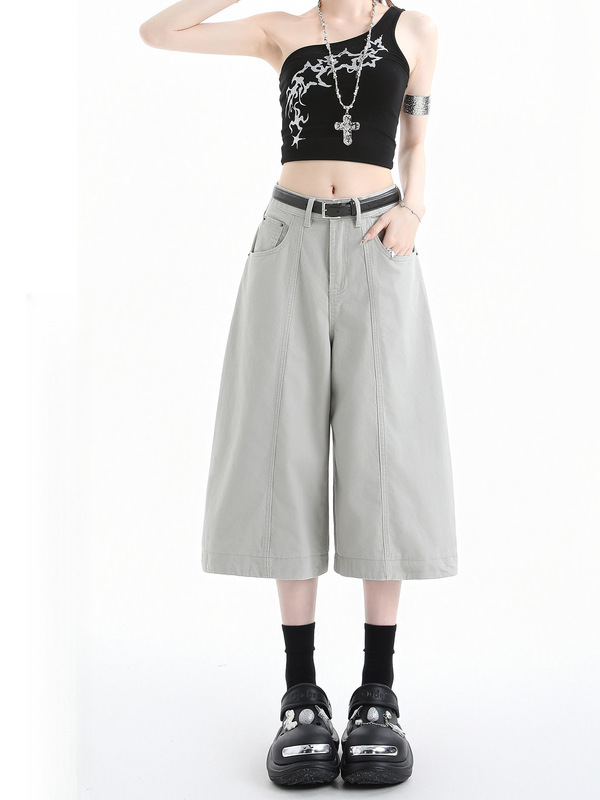 Designed with Stylish Dividing Lines, Gray Cropped Denim Shorts for Women, Summer Thin High-Waisted Loose Slimming Wide-Leg Casual Mid-Length Pants