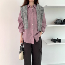 薇颂服饰2025秋季新款女装粉色格子衬衫女款慵懒宽松单排扣上衣