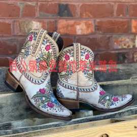 独立站外贸新款尖头时装靴花朵民族刺绣铆钉欧美复古短靴机车女鞋