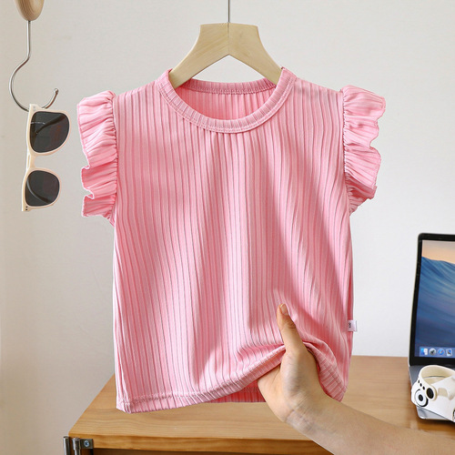 2025 Girls Summer Dress Summer Ice Silk Cute Baby Small Fly Sleeve Trendy Solid Color T-shirt for Little Girls Short Fashion Kids Top