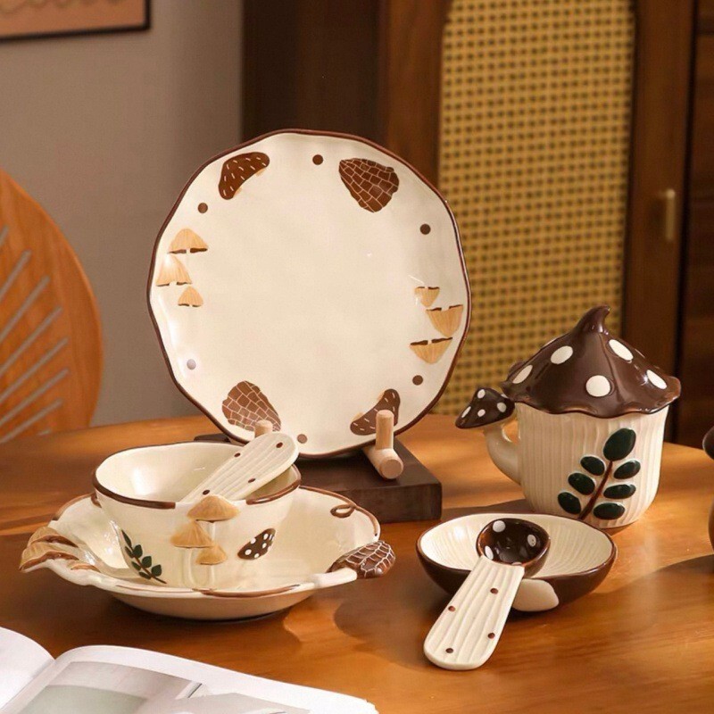 Creative Mushroom Tableware, Cartoon Cute and Aesthetically Pleasing Soup Bowl, Dinner Plate, Fairy Tale Mushroom Rice Bowl, Soup Plate, Household Baking Tray