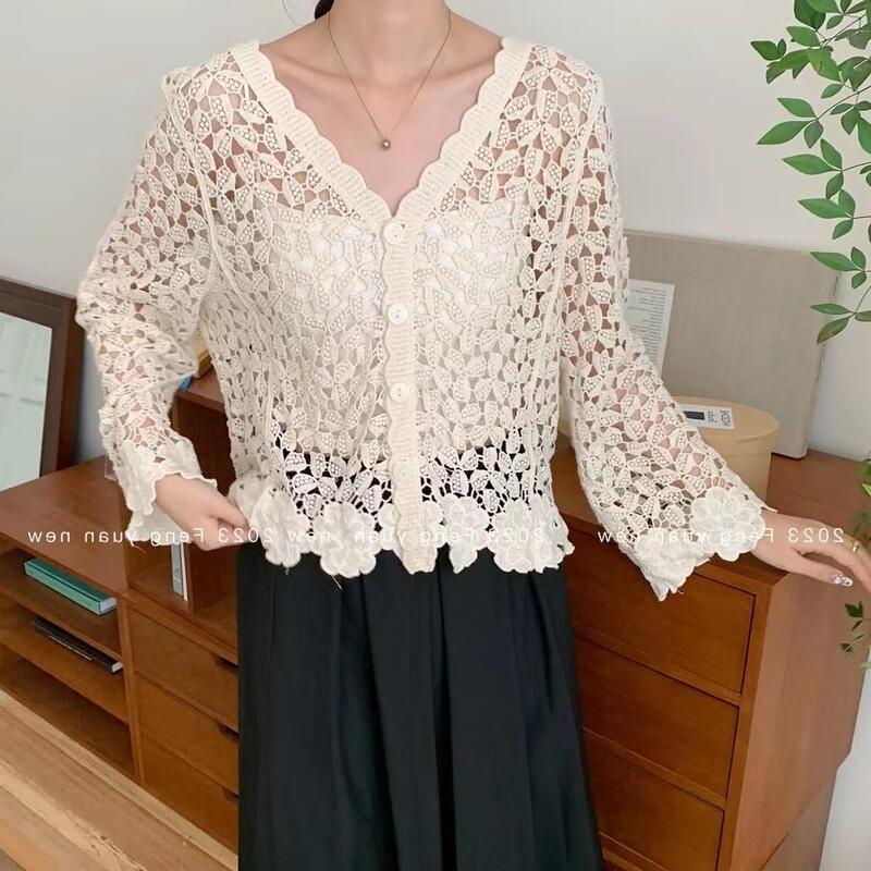 V-neck long sleeve crocheted hollow-out knitted cardigan Spring and Autumn 2023 new lace thin solid color blouse short top
