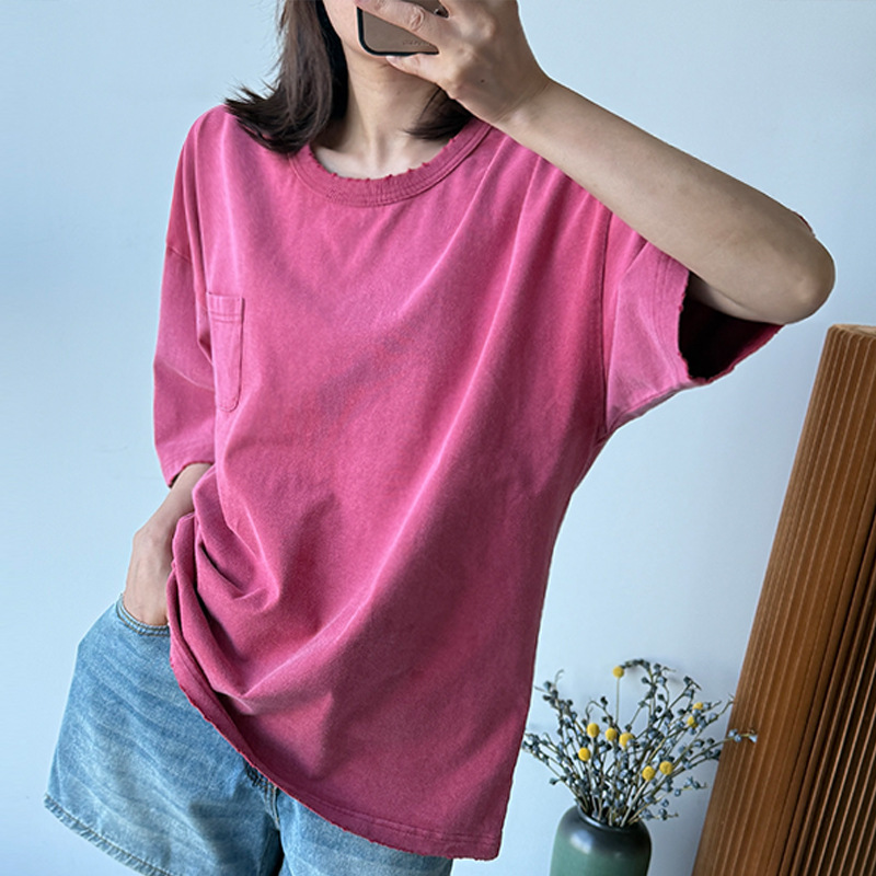 Canadian UD washed distressed pocket T-shirt for men and women, vintage style with frayed edges, loose fit, casual, with minor imperfections