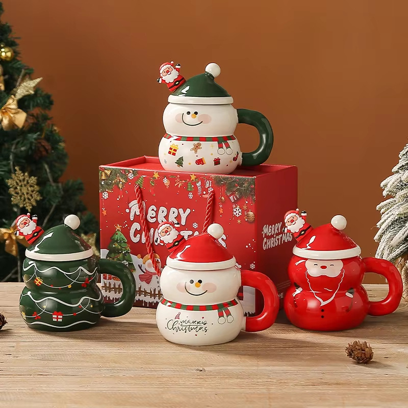 Taza de cerámica de Navidad limitada, muñeco de nieve creativa, encantadora taza de cerámica con mango, adornos de regalo con cubierta