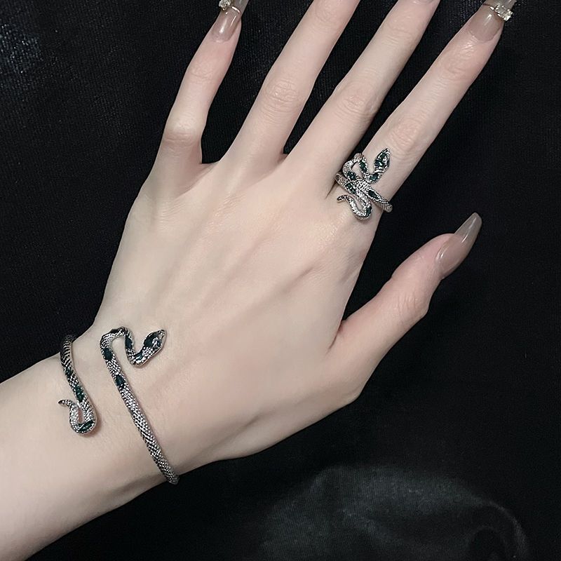 Niche design snake bracelet green enamel drop oil Open ring ins style advanced personality dark bracelet for women