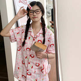 格子自嘲熊卡通日系学生纯棉睡衣女夏季短袖新款可爱家居服送眼罩