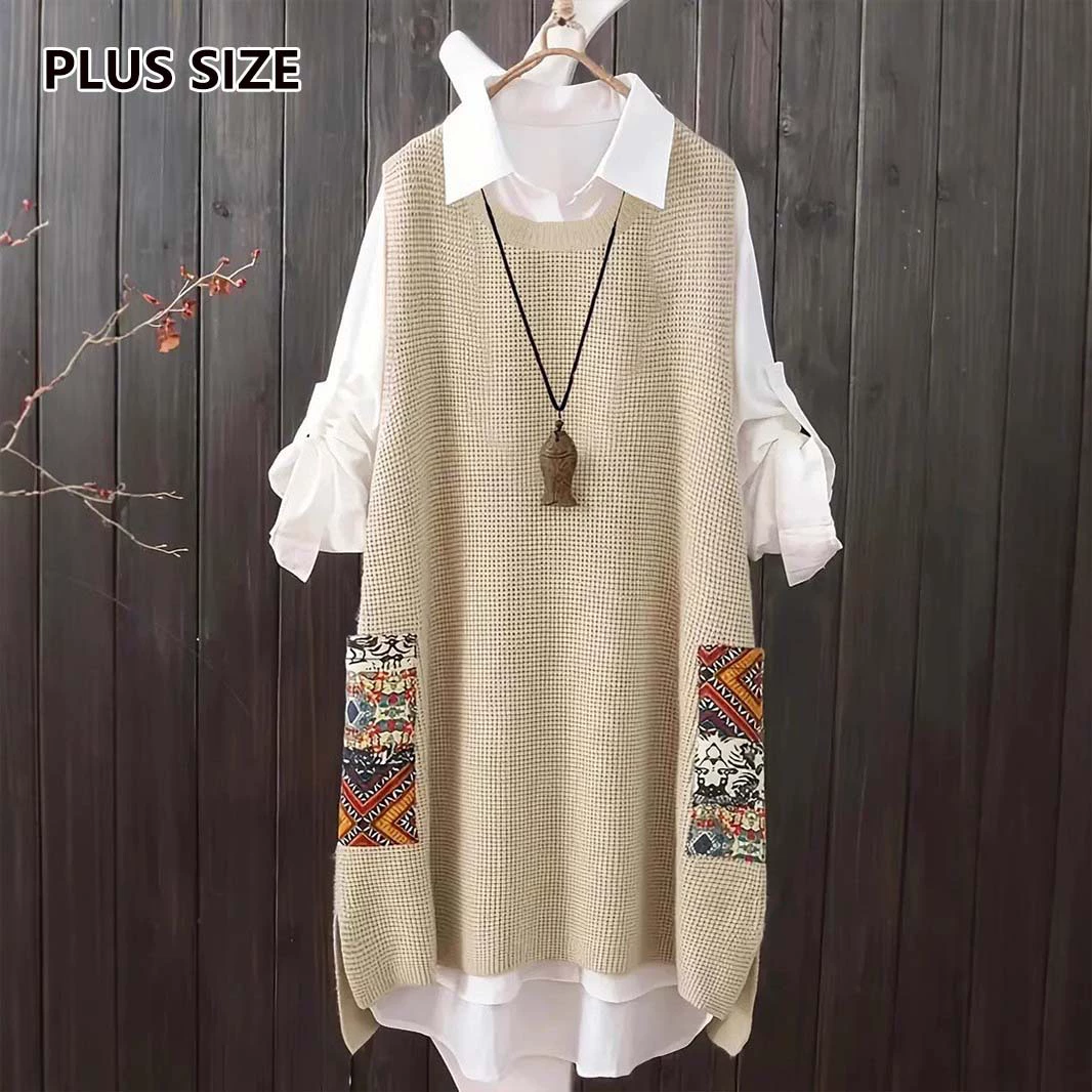Трансграничная европейская и американская внешнеторговая одежда в осенне-зимнем стиле из тканой ткани с карманами и декоративными элементами, элегантное женское платье-свитер больших размеров с круглым вырезом и разрезом.